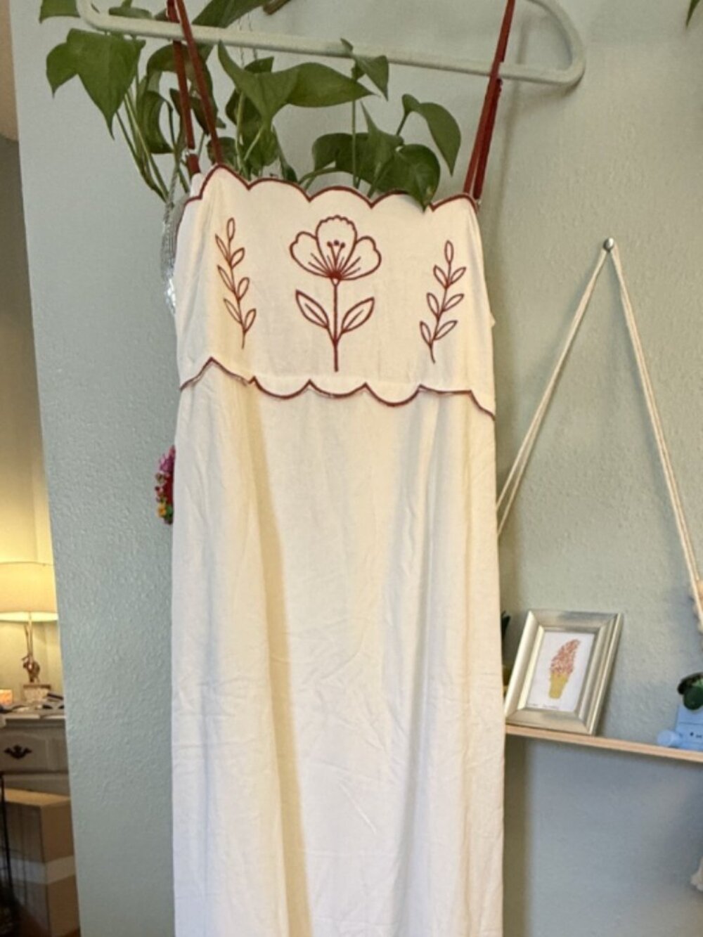 NWT Altar’d State Embroidered Maxi Dress XL Cream Red Scalloped Open Back Tie